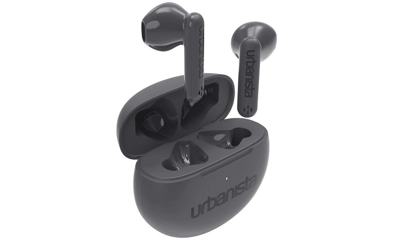 Беспроводные наушники Urbanista Austin Storm Grey – вид спереди под углом с открытым зарядным футляром