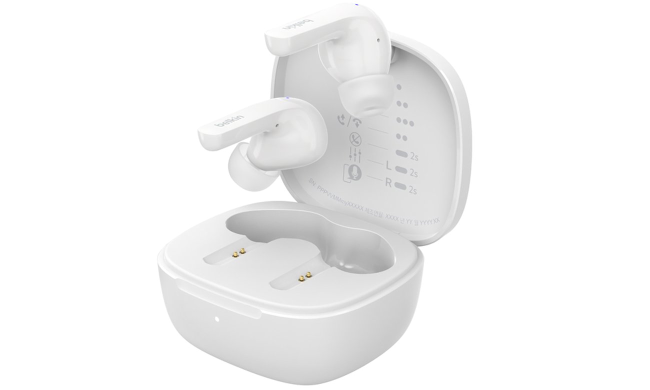 Беспроводные наушники Belkin SoundForm Motion White – вид спереди под углом с открытым зарядным футляром