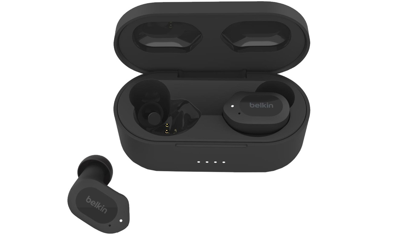 Беспроводные наушники Belkin SoundForm Play Black – вид спереди с футляром