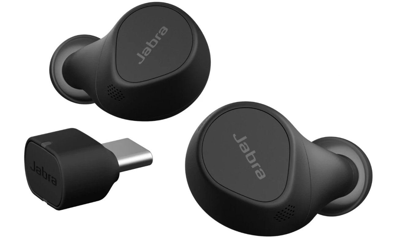 Беспроводные наушники Jabra Evolve2 Buds USB-C MS Black – вид левого и правого наушников с адаптером