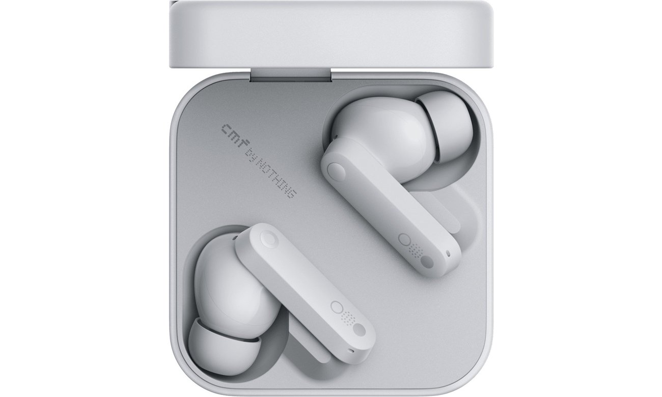 Беспроводные наушники CMF Buds Light Grey – вид сверху с открытым футляром