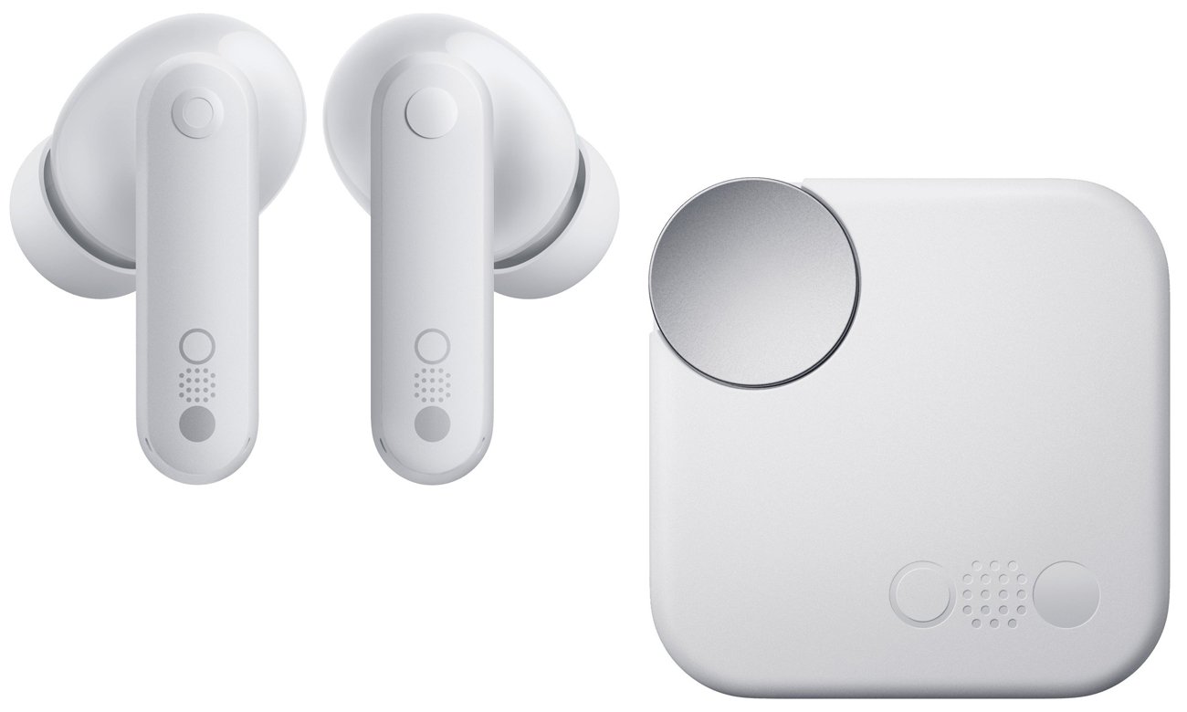 Беспроводные наушники CMF Buds Light Grey – вид левых и правых наушников с закрытым футляром