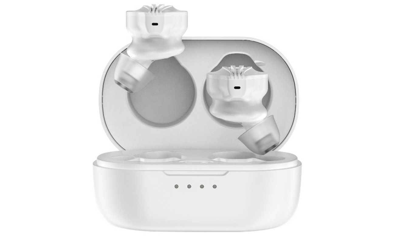 Бездротові навушники FiiO FW3 білі – вид спереду з відкритим зарядним футляром