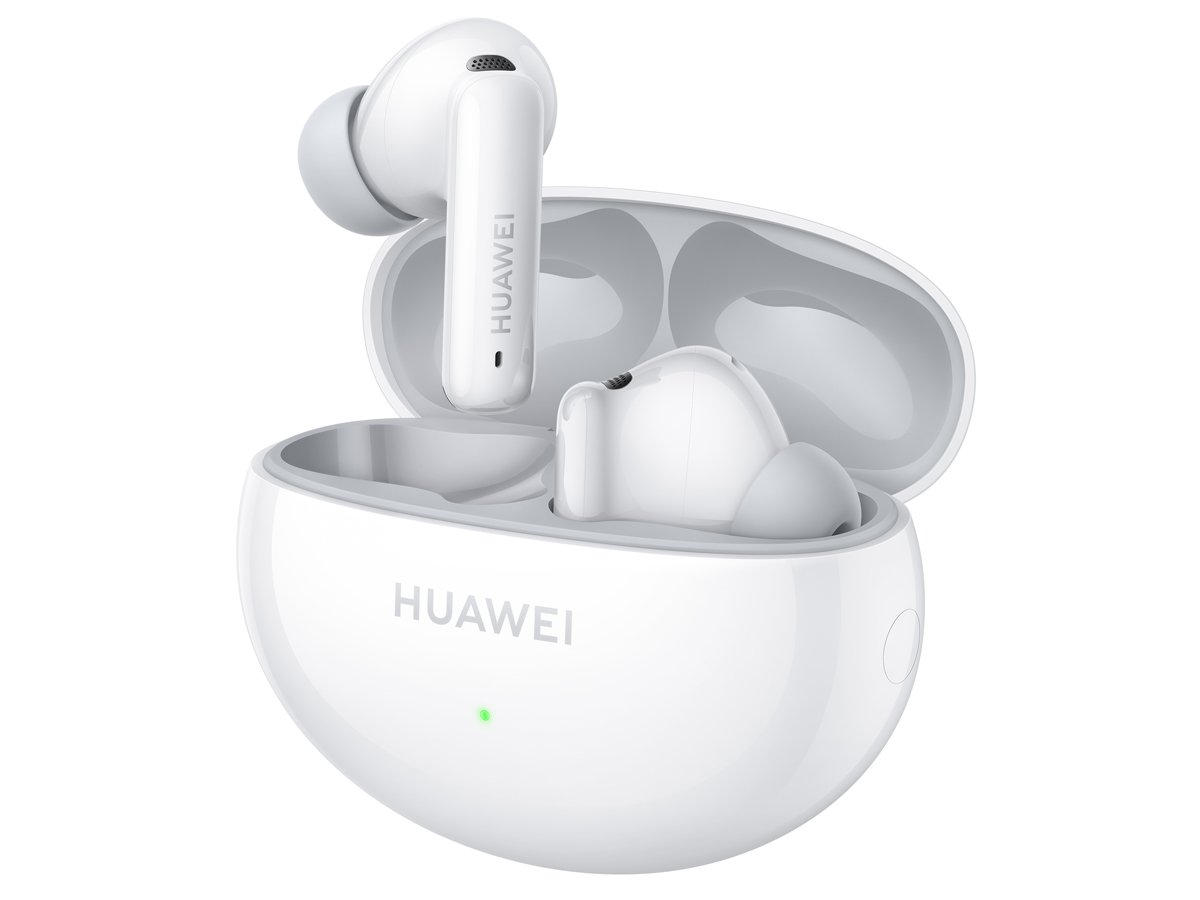 Беспроводные наушники Huawei FreeBuds 6i белые – угловой вид спереди с зарядным футляром