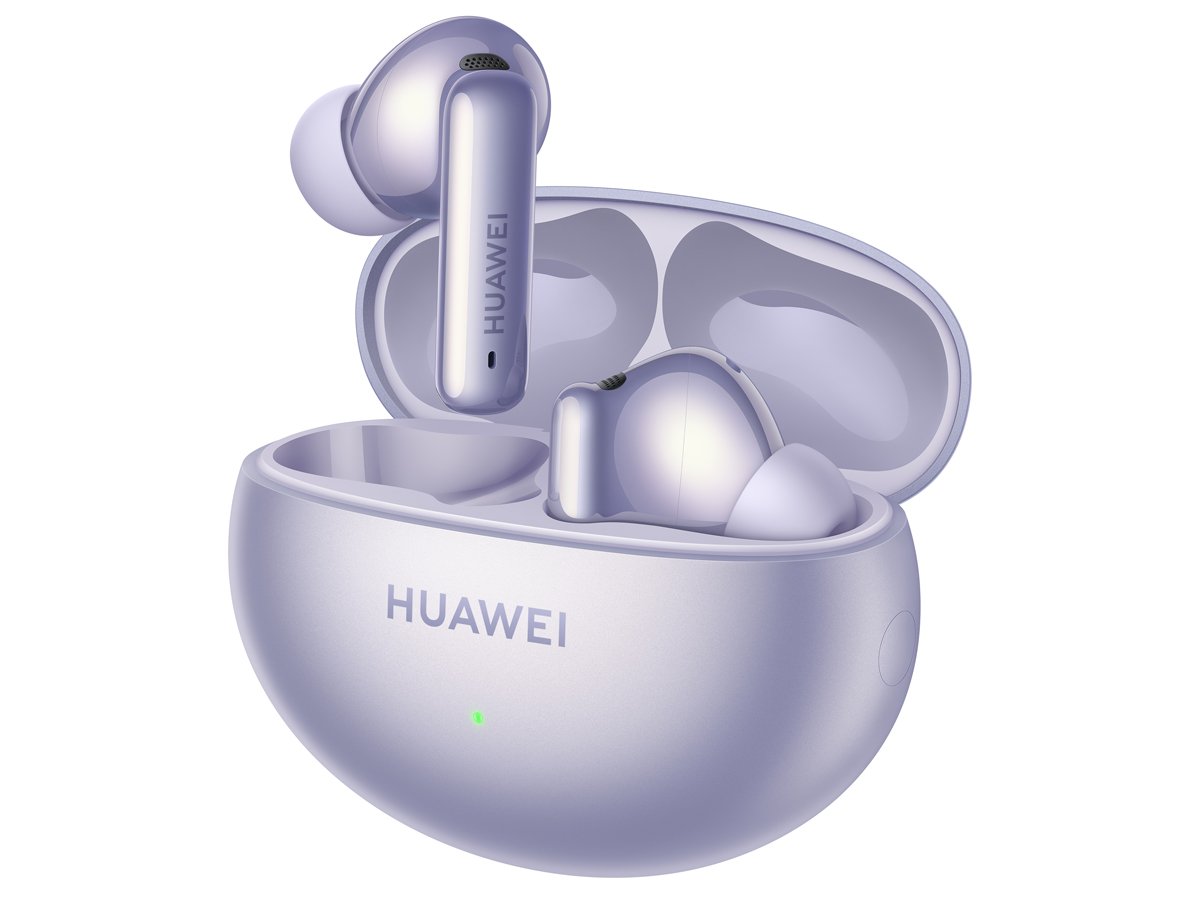 Беспроводные наушники Huawei FreeBuds 6i, фиолетовые – вид спереди под углом с зарядным футляром