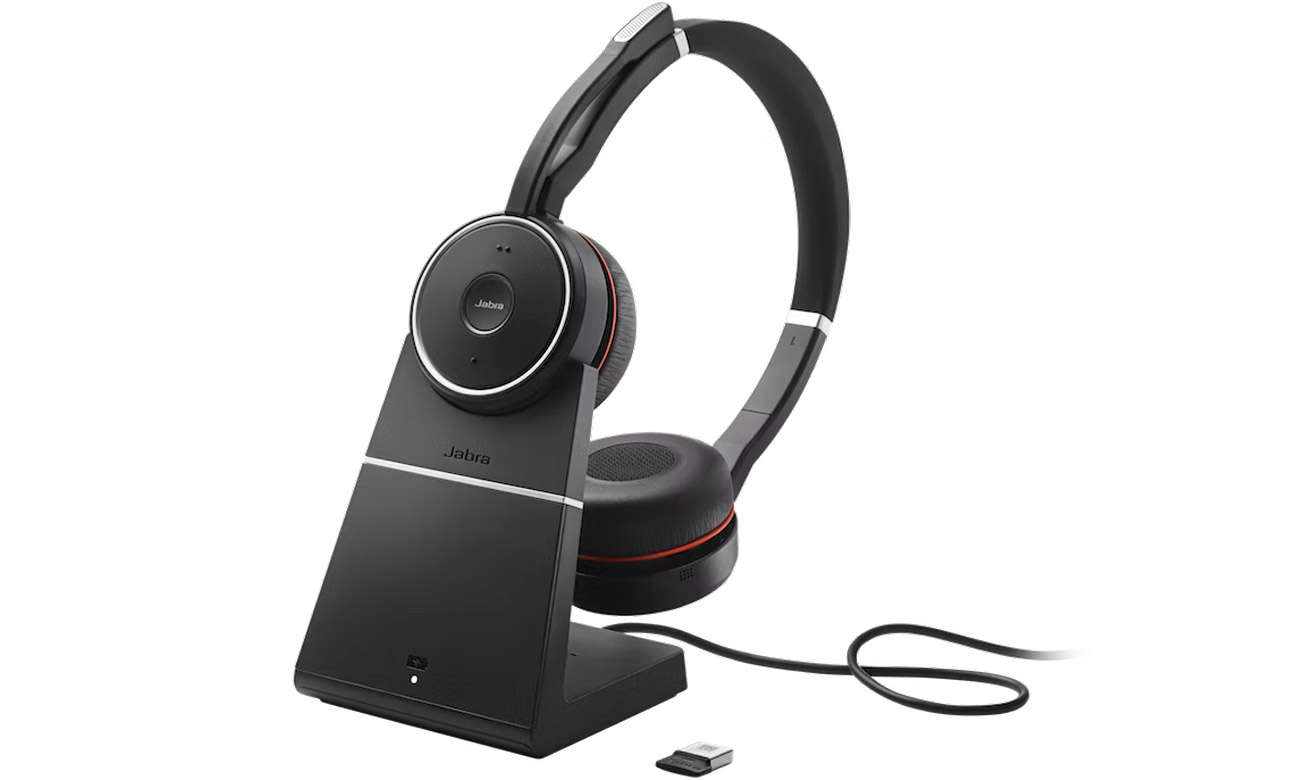 Гарнітура Jabra Evolve 75 SE UC + док-станція для заряджання + адаптер USB-A - вид спереду під кутом