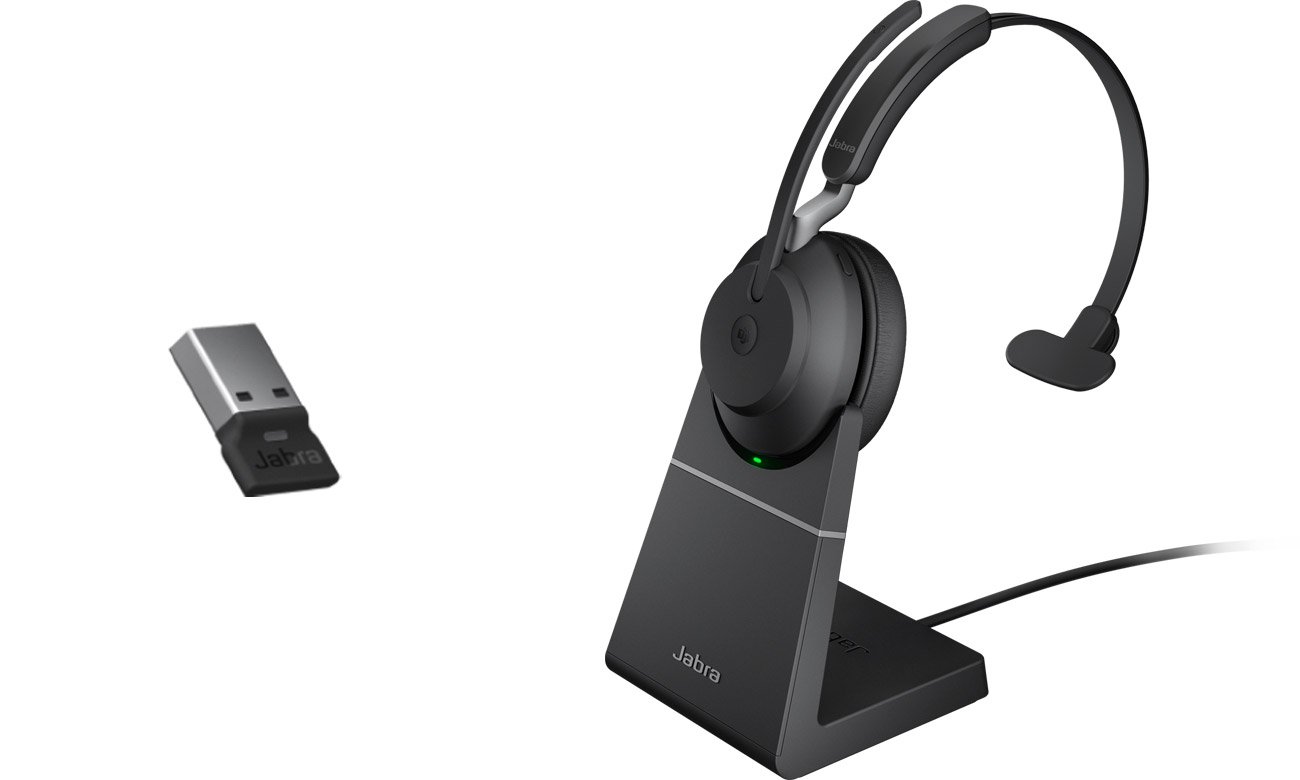 Гарнітура Jabra Evolve2 65 Mono MS + док-станція для заряджання + адаптер USB-A - вид спереду під кутом