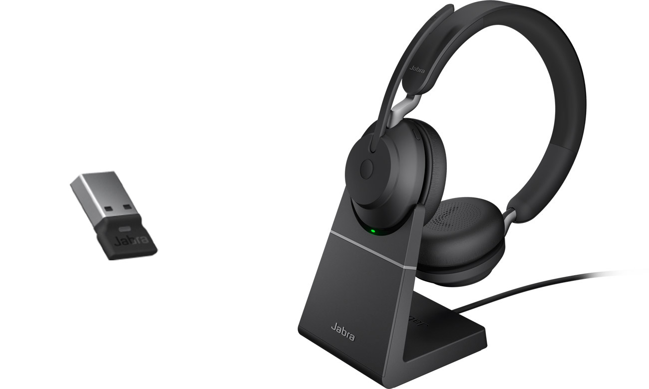 Стереогарнітура Jabra Evolve2 65 UC + підставка для заряджання + адаптер USB-A - кутовий вид спереду