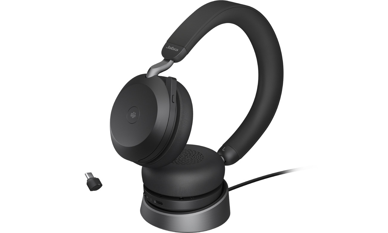 Стереогарнітура Jabra Evolve2 75 MS + док-станція для заряджання + адаптер USB-C – вид спереду під кутом
