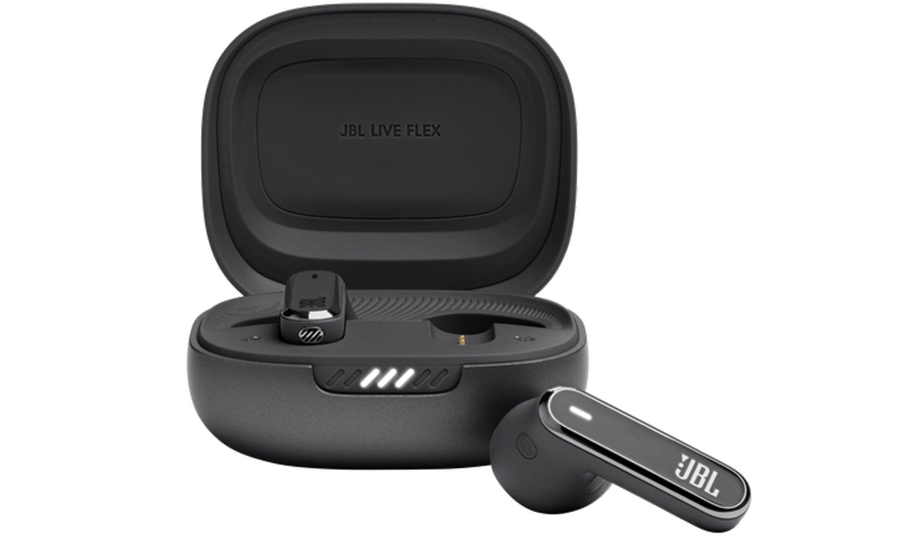 Беспроводные наушники JBL Live Flex Black – вид спереди с открытым зарядным футляром