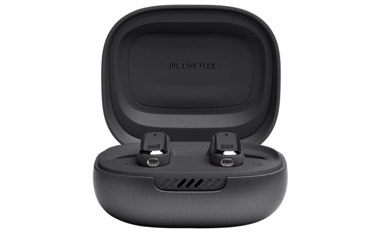 Беспроводные наушники JBL Live Flex Black – вид спереди с открытым зарядным футляром
