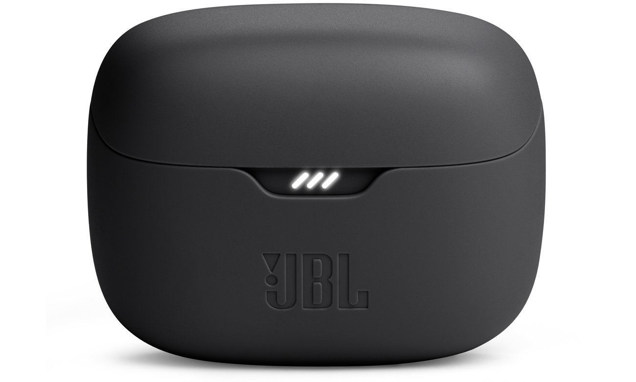 Бездротові навушники JBL Tune Buds Black – вид спереду із закритим зарядним футляром