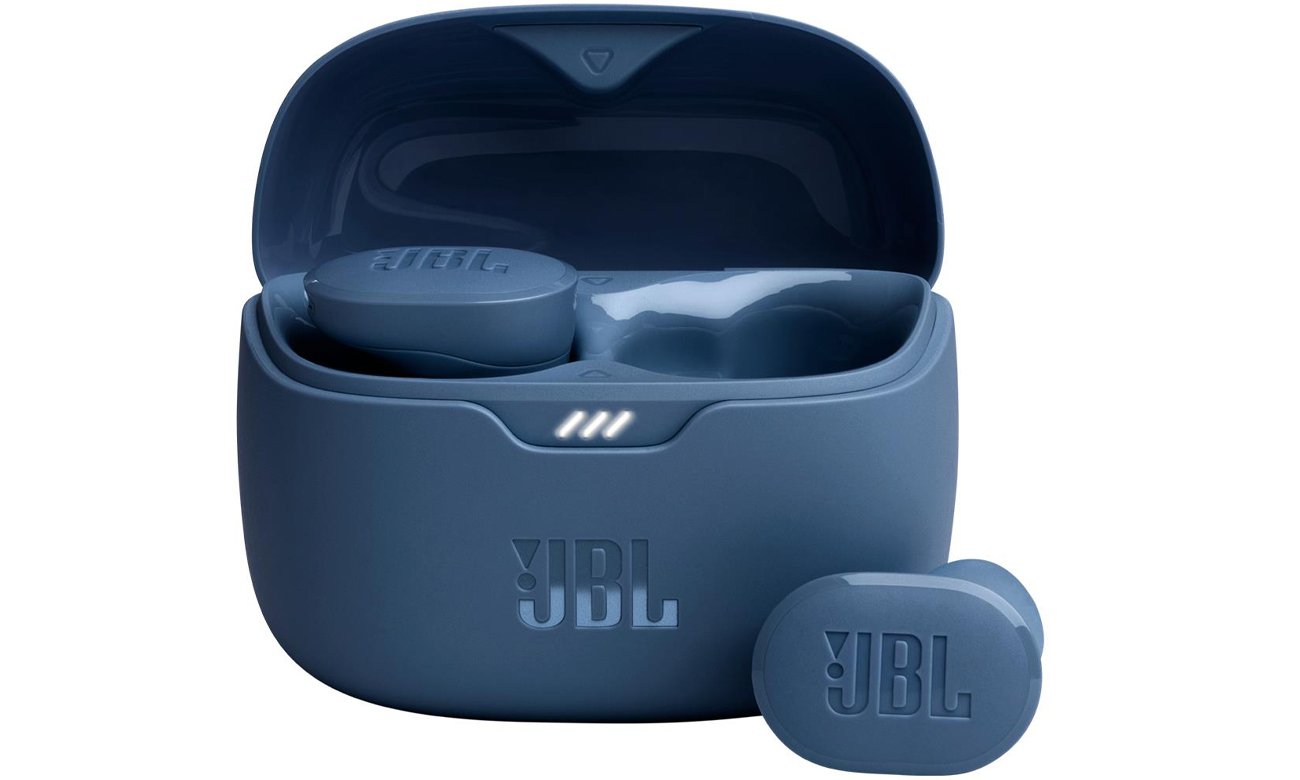 Бездротові навушники JBL Tune Buds Blue - вид спереду з відкритим зарядним футляром