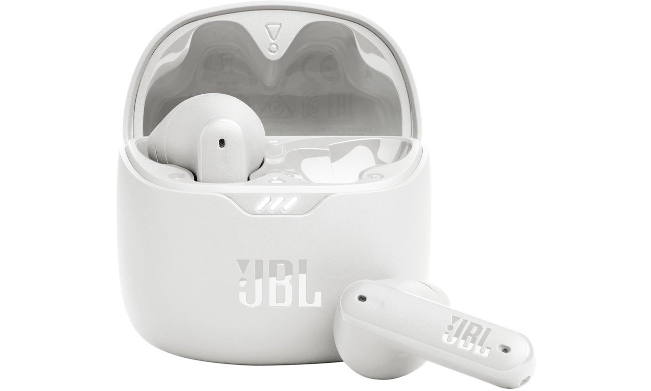 Бездротові навушники JBL Tune Flex White - вид спереду з відкритим зарядним футляром