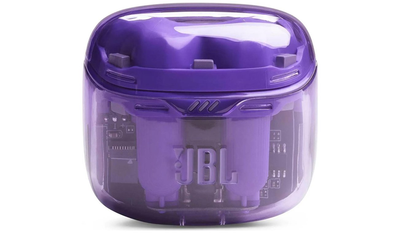 Бездротові навушники JBL Tune Flex Ghost Edition Purple - вид спереду з відкритим зарядним футляром