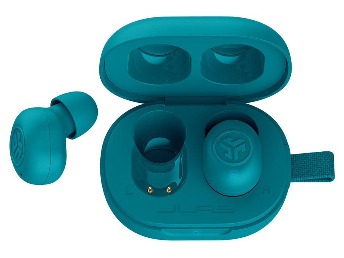 Беспроводные наушники Jlab JBuds Mini Green Aqua – вид сверху под углом с открытым зарядным футляром