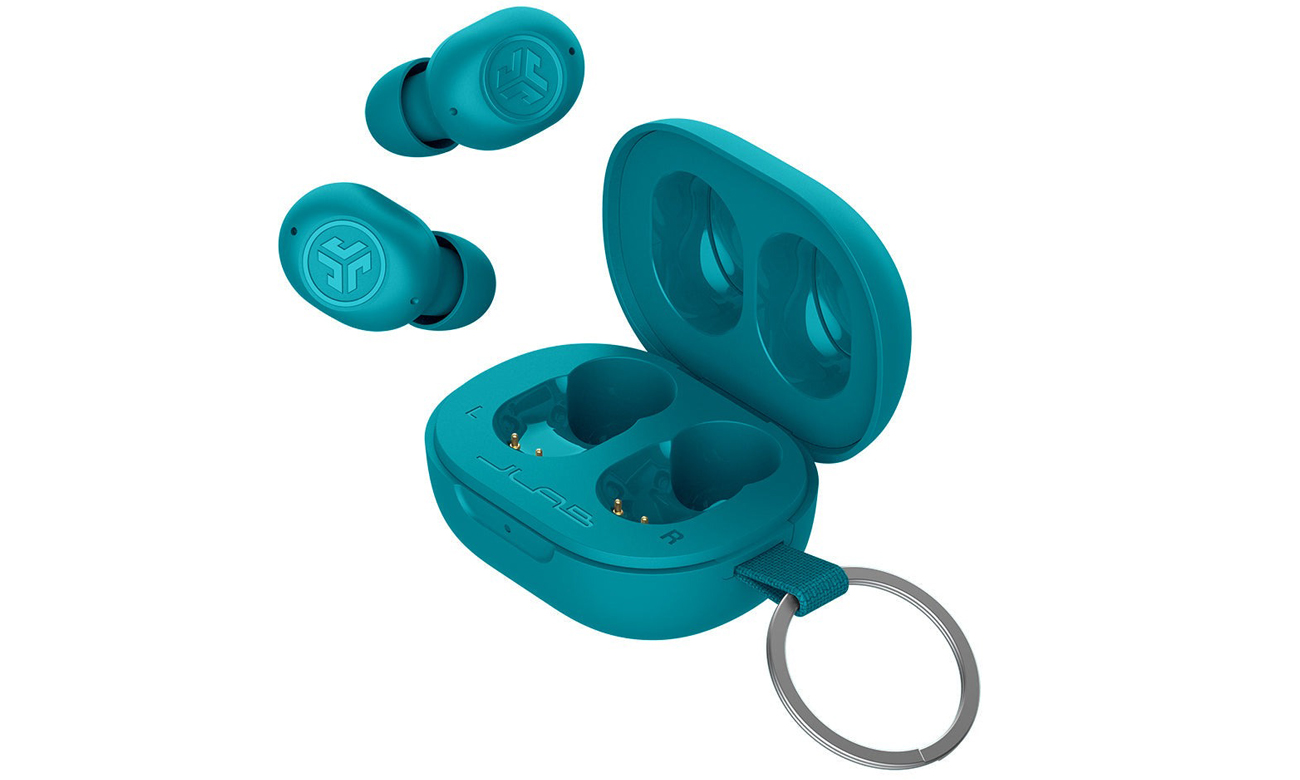 Беспроводные наушники Jlab JBuds Mini Green Aqua – вид спереди под углом с открытым зарядным футляром