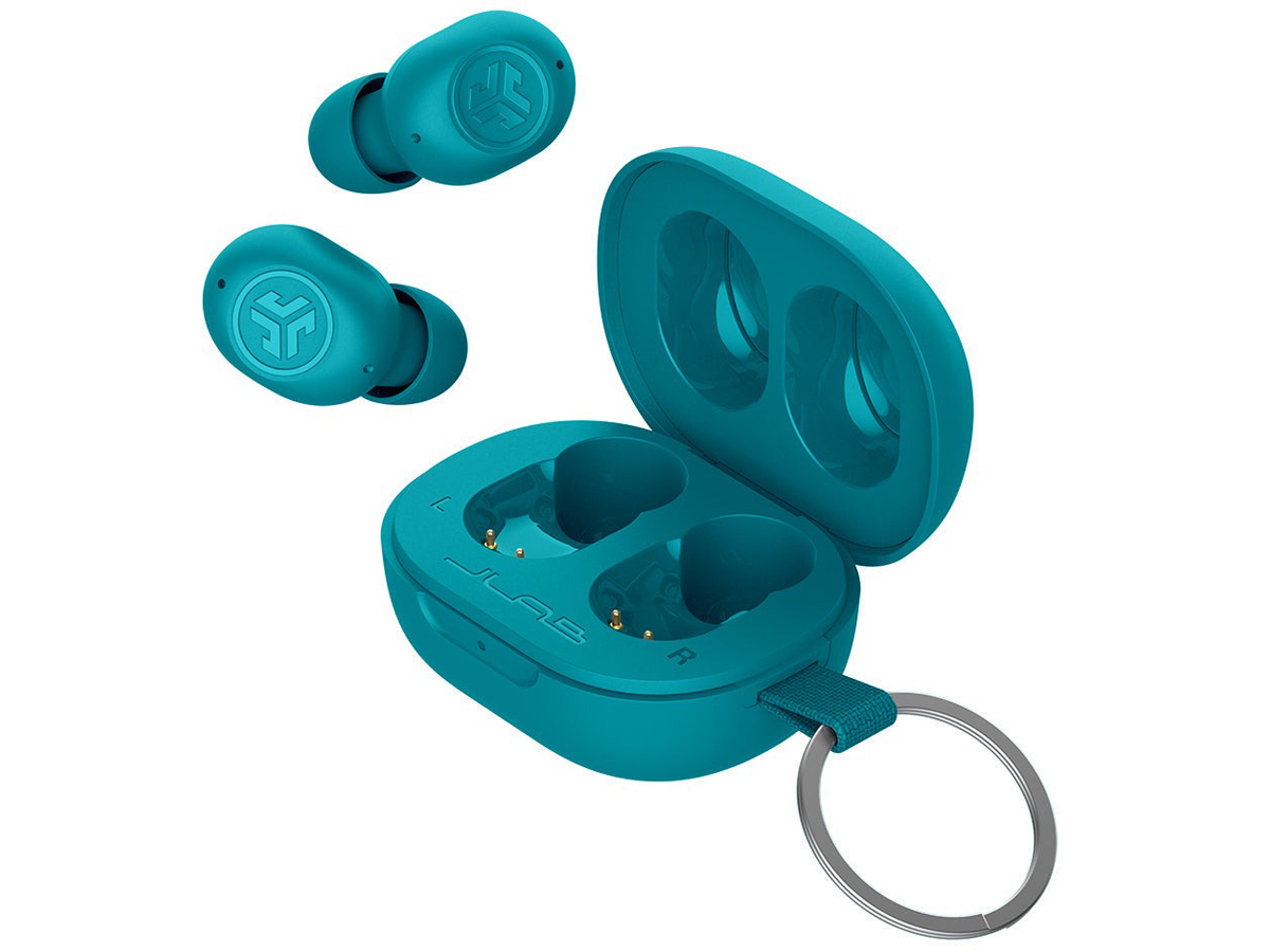 Беспроводные наушники Jlab JBuds Mini Green Aqua – вид спереди под углом с открытым зарядным футляром