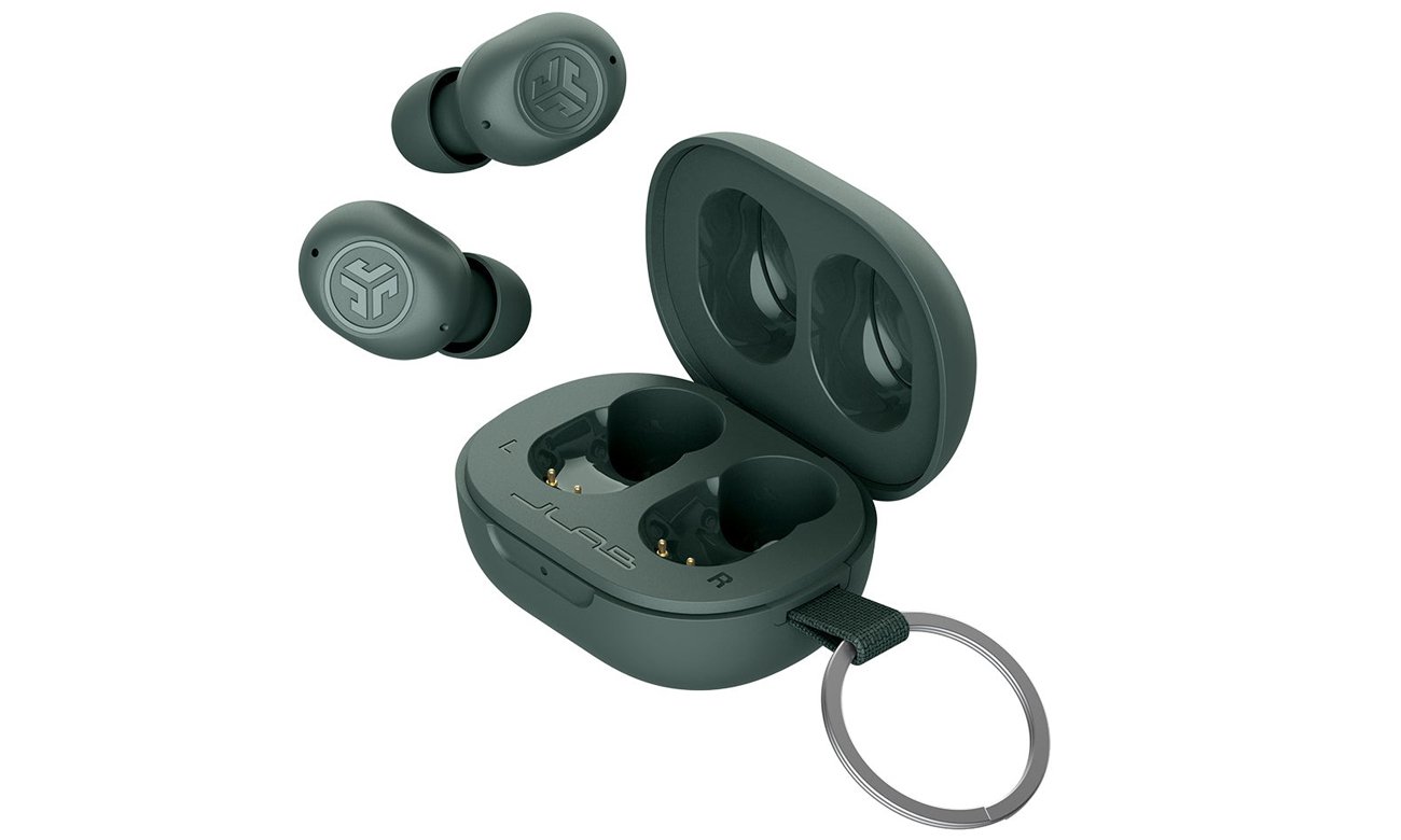 Беспроводные наушники Jlab JBuds Mini Sage Grey – вид спереди под углом с открытым зарядным футляром