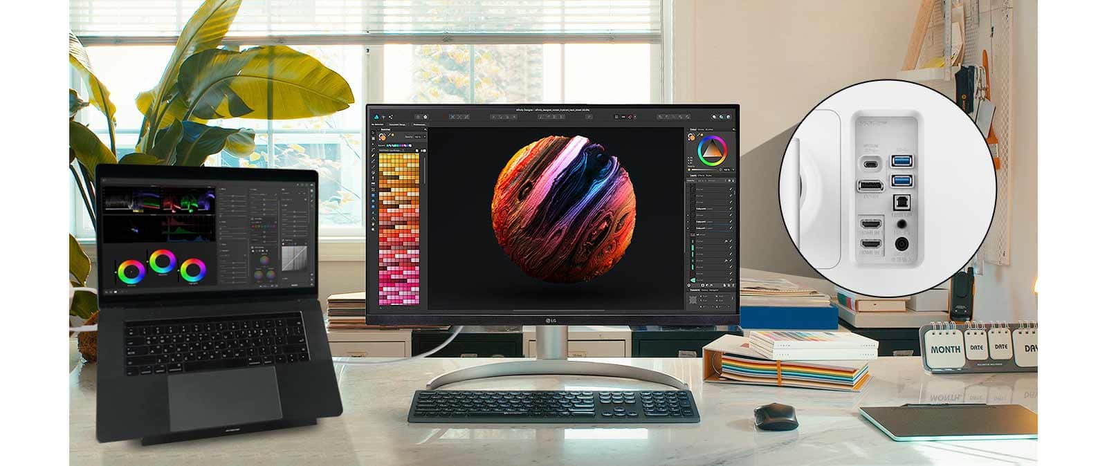 LG UltraFine™ сумісний з багатьма типами пристроїв завдяки таким роз’ємам, як: USB Type-C™, DisplayPort, HDMI і двом роз’ємам USB.