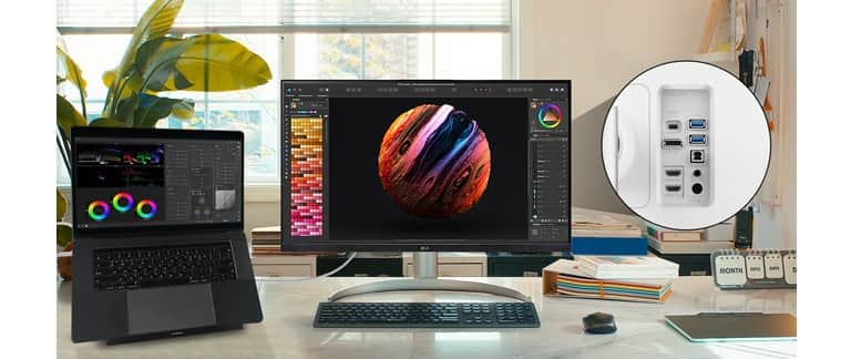 LG UltraFine™ сумісний з багатьма типами пристроїв завдяки таким роз’ємам, як: USB Type-C™, DisplayPort, HDMI і двом роз’ємам USB.