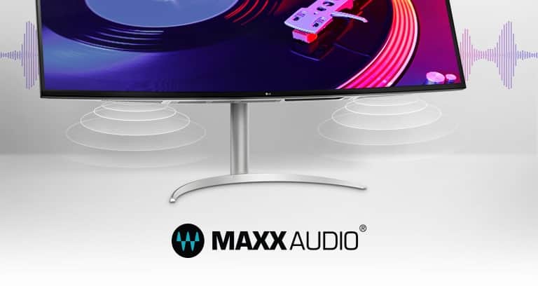 На нем изображены два стереодинамика мощностью 10 Вт и слово MaxxAudio® в нижней части монитора.