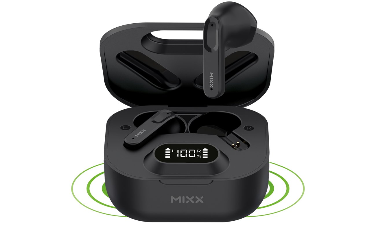 Беспроводные наушники Mixx Audio Streambuds Hybrid Charge Black – вид спереди с открытым зарядным футляром