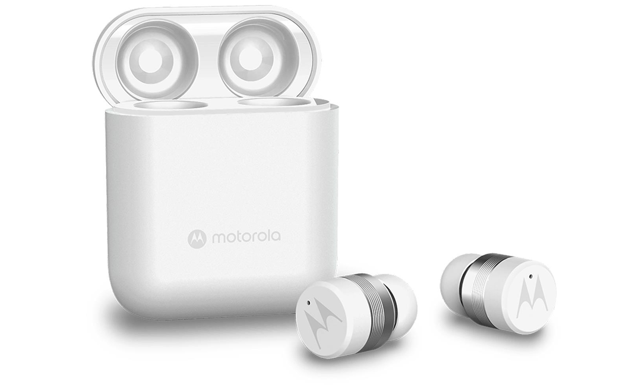 Беспроводные наушники Motorola Moto Buds 120 White – общий вид с открытым зарядным футляром