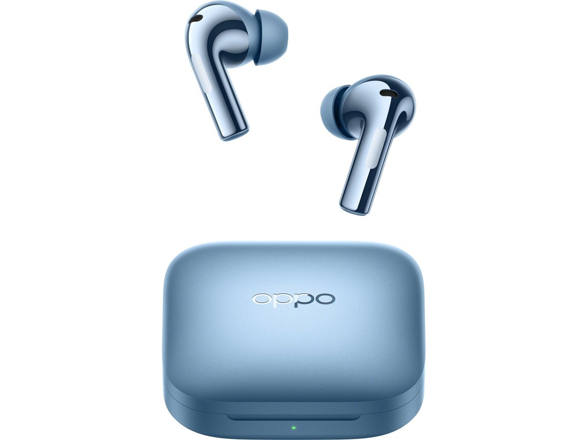 Бездротові навушники OPPO Enco X3i Electric Blue - вигляд лівого та правого навушників із закритим зарядним футляром