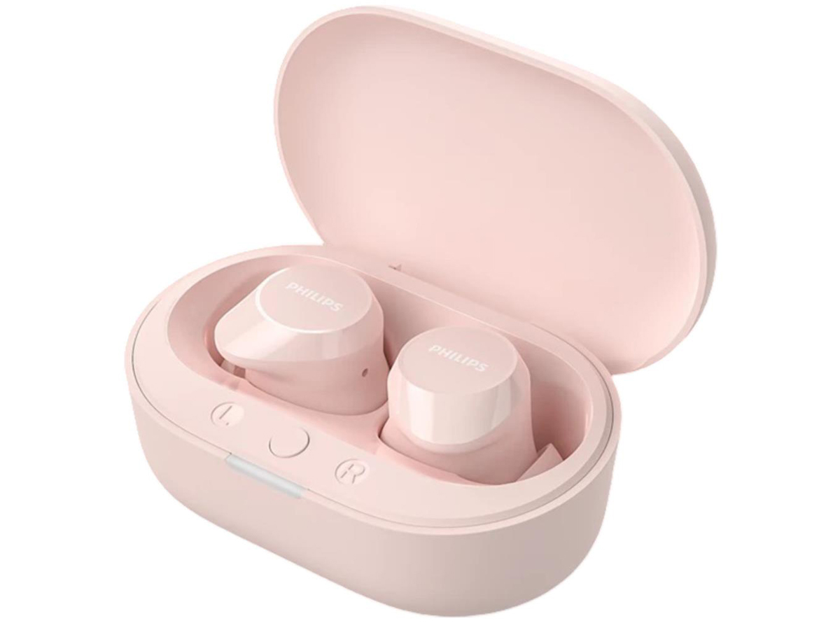 Бездротові навушники Philips TAT1209, рожеві – вид спереду під кутом із відкритим зарядним футляром