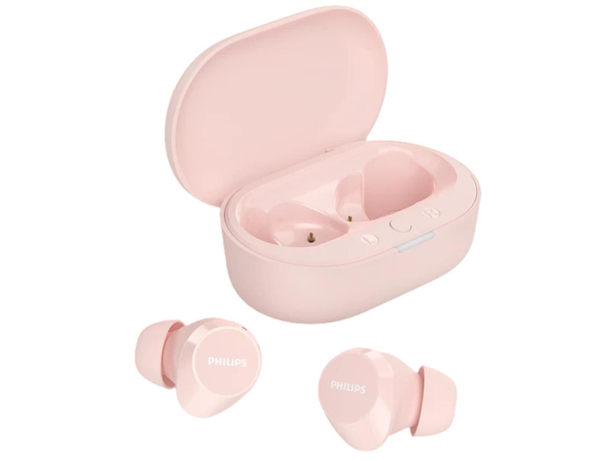 Бездротові навушники Philips TAT1209, рожеві – вид спереду під кутом із відкритим зарядним футляром