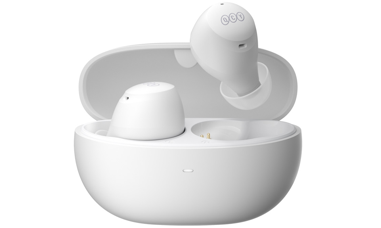 Бездротові навушники QCY HT07 ANC білі – вид спереду з відкритим зарядним футляром