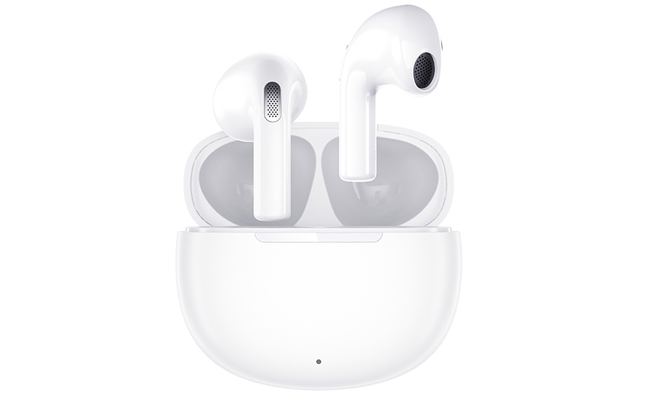 Бездротові навушники QCY T20 білі – вид спереду з відкритим зарядним футляром