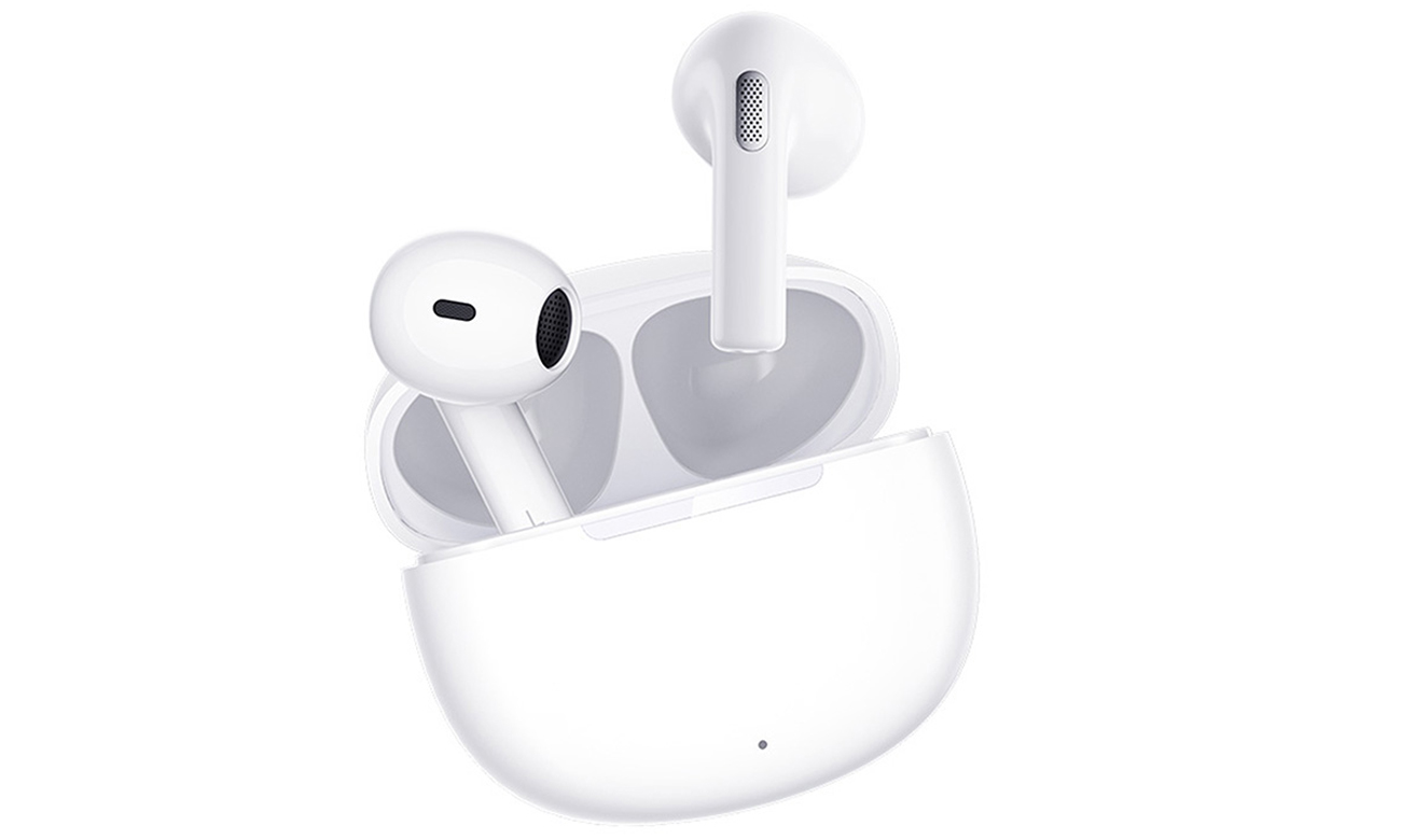 Бездротові навушники QCY T20 білі – вид спереду з відкритим зарядним футляром