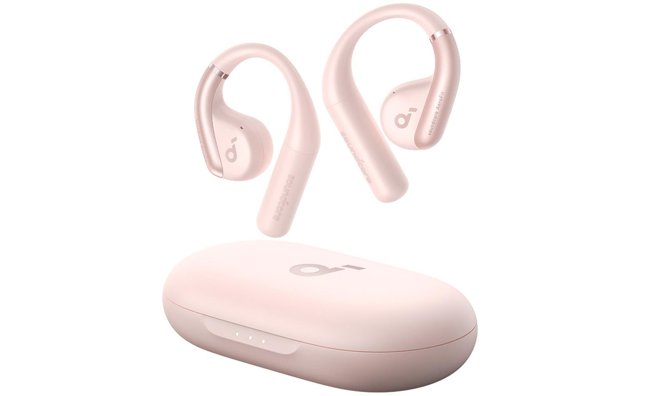 Беспроводные наушники SoundCore AeroFit, розовые – вид спереди под углом с закрытым зарядным футляром