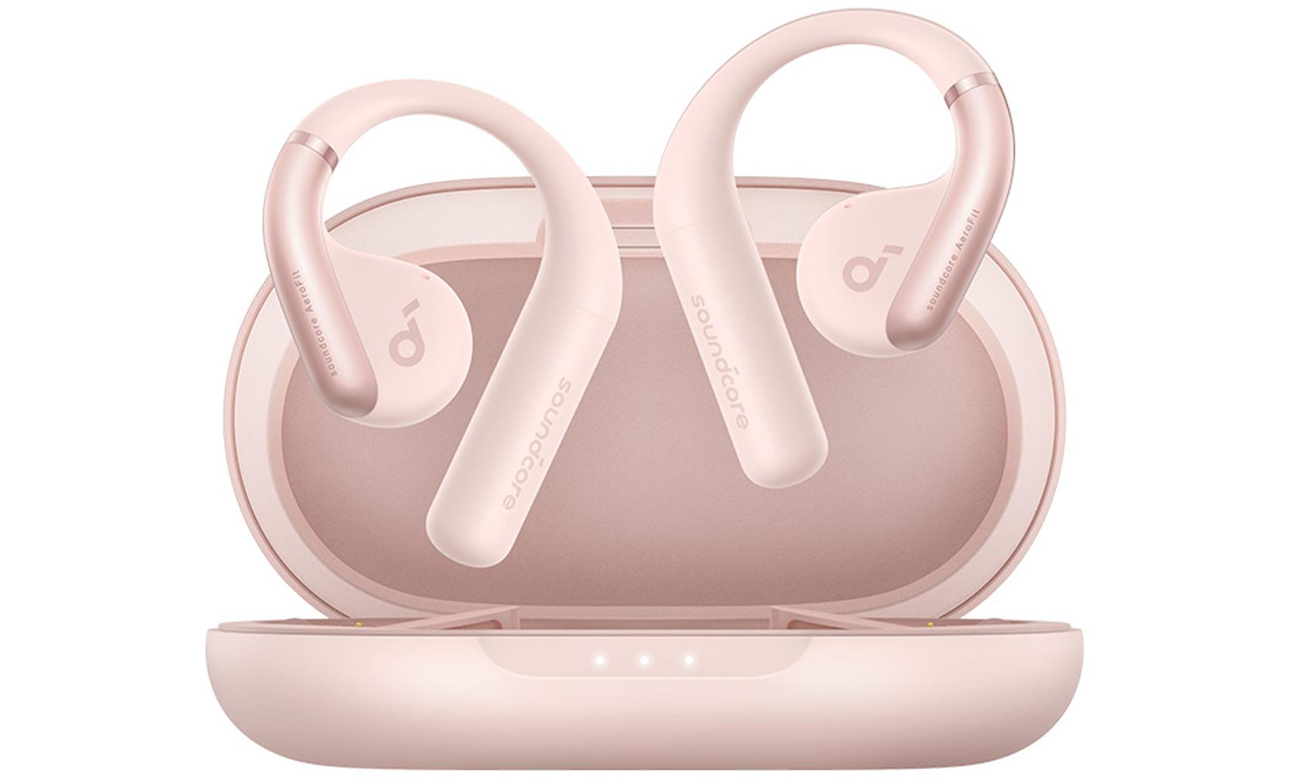 Беспроводные наушники SoundCore AeroFit Pink – вид спереди с закрытым зарядным футляром