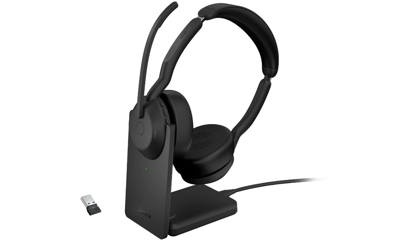 Jabra Evolve2 55 USB-A Stereo UC Stand Headset + Adapter + Charging Dock - Угловой вид спереди