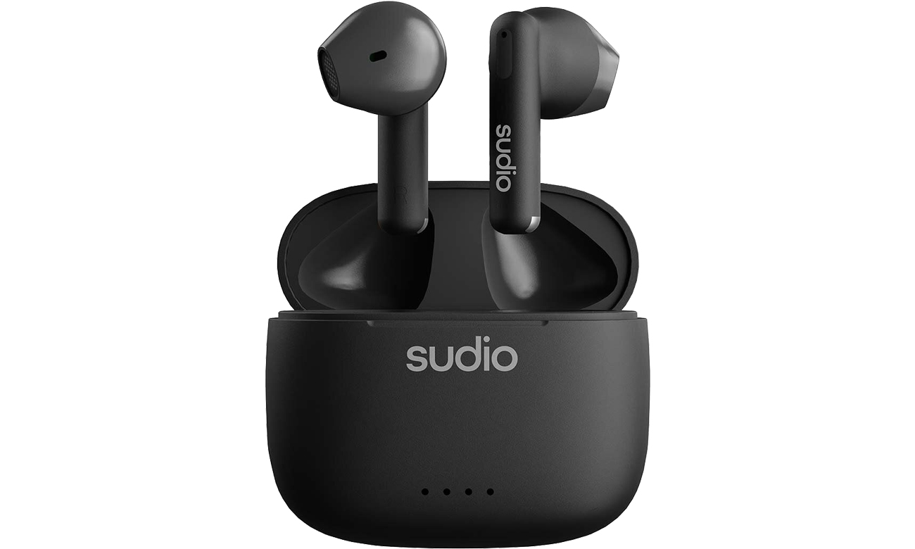 Беспроводные наушники Sudio A1 Black – вид спереди с открытым зарядным футляром