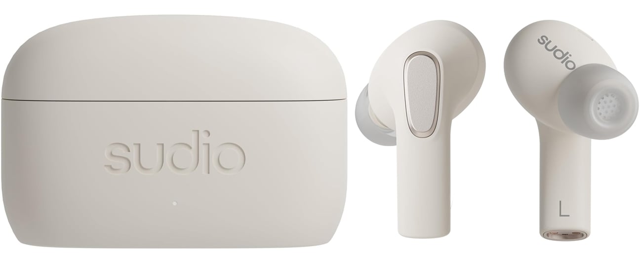 Беспроводные наушники Sudio E3 White – вид спереди с закрытым зарядным футляром