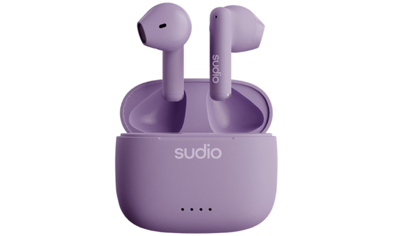 Беспроводные наушники Sudio A1 Purple – вид спереди с открытым зарядным футляром