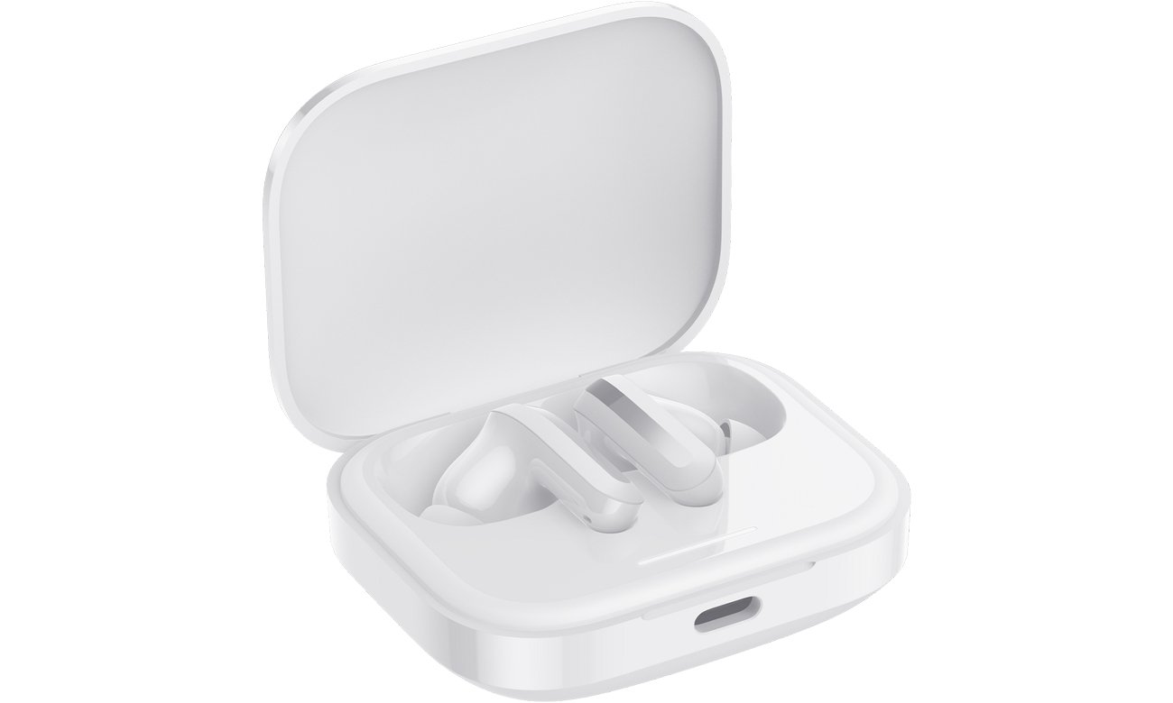 Беспроводные наушники Xiaomi Redmi Buds 5 белые – угловой вид спереди с открытым зарядным футляром