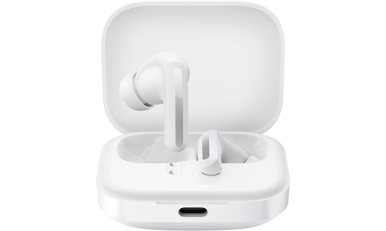 Беспроводные наушники Xiaomi Redmi Buds 5 White – вид спереди с открытым зарядным футляром